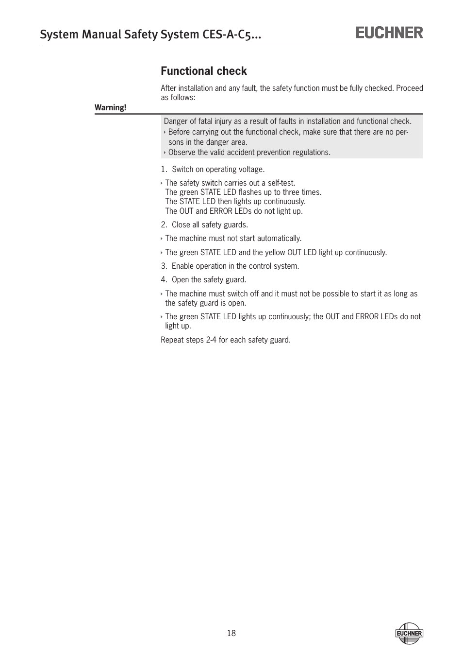 System manual safety system ces-a-c5, Functional check | EUCHNER CES-A-C5H-01 (Unicode) User Manual | Page 18 / 30