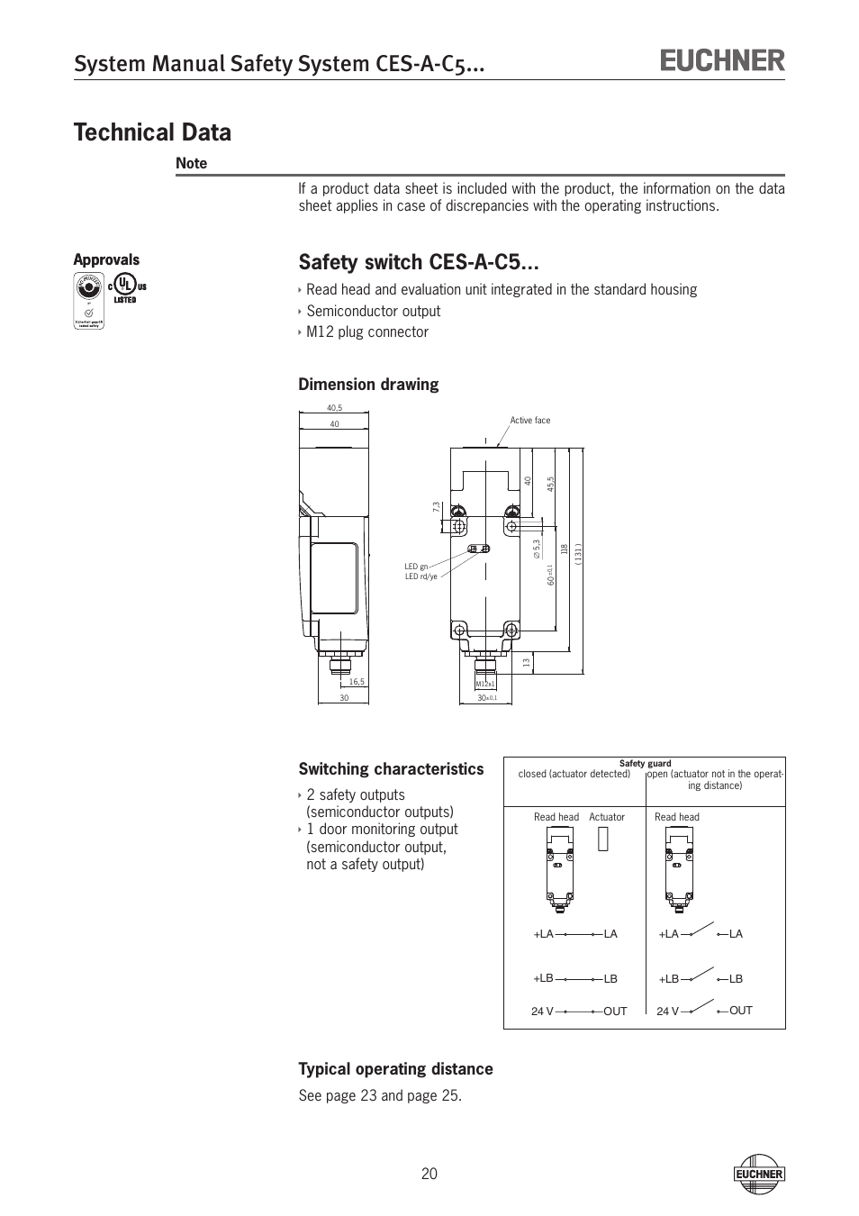 System manual safety system ces-a-c5, Technical data, Safety switch ces-a-c5 | Dimension drawing switching characteristics, Typical operating distance, See page 3 and page 5, Approvals | EUCHNER CES-A-C5H-01 (Unicode) User Manual | Page 20 / 30