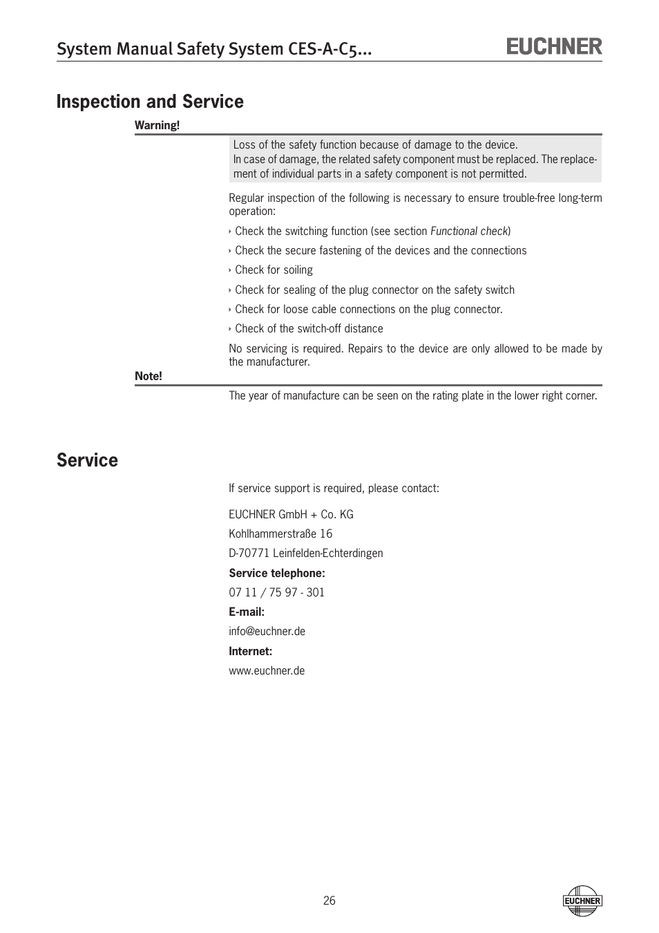 System manual safety system ces-a-c5, Inspection and service, Service | EUCHNER CES-A-C5H-01 (Unicode) User Manual | Page 26 / 30