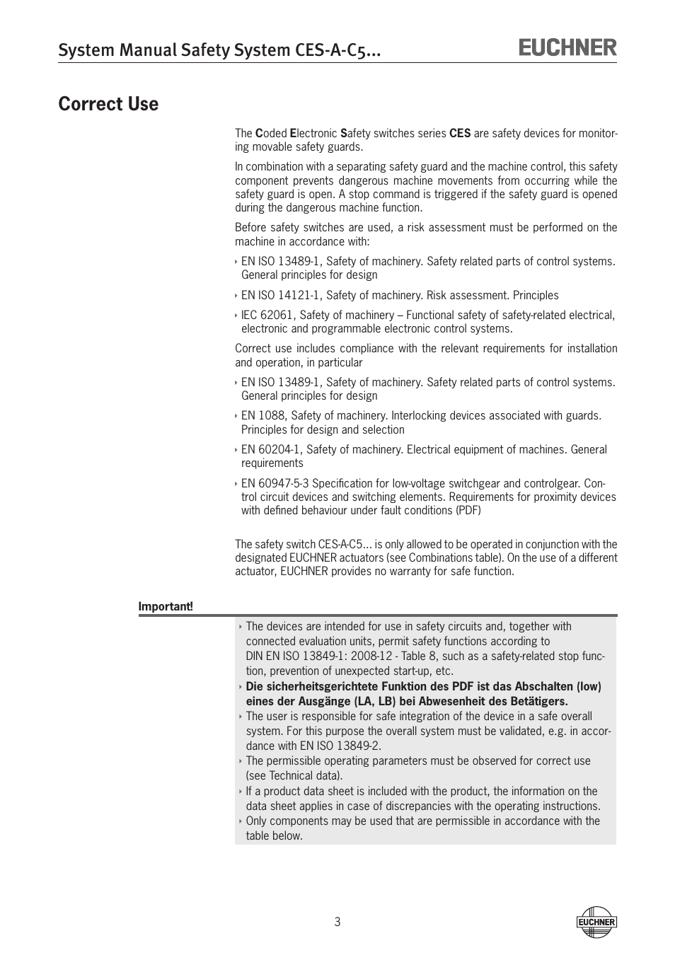 System manual safety system ces-a-c5, Correct use | EUCHNER CES-A-C5H-01 (Unicode) User Manual | Page 3 / 30