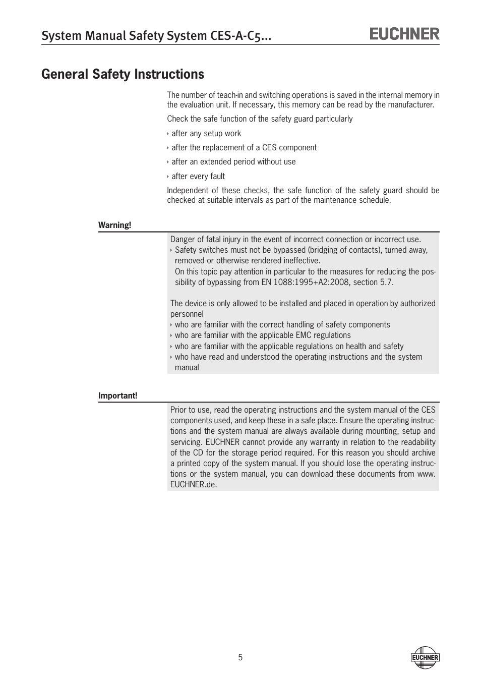 System manual safety system ces-a-c5, General safety instructions | EUCHNER CES-A-C5H-01 (Unicode) User Manual | Page 5 / 30