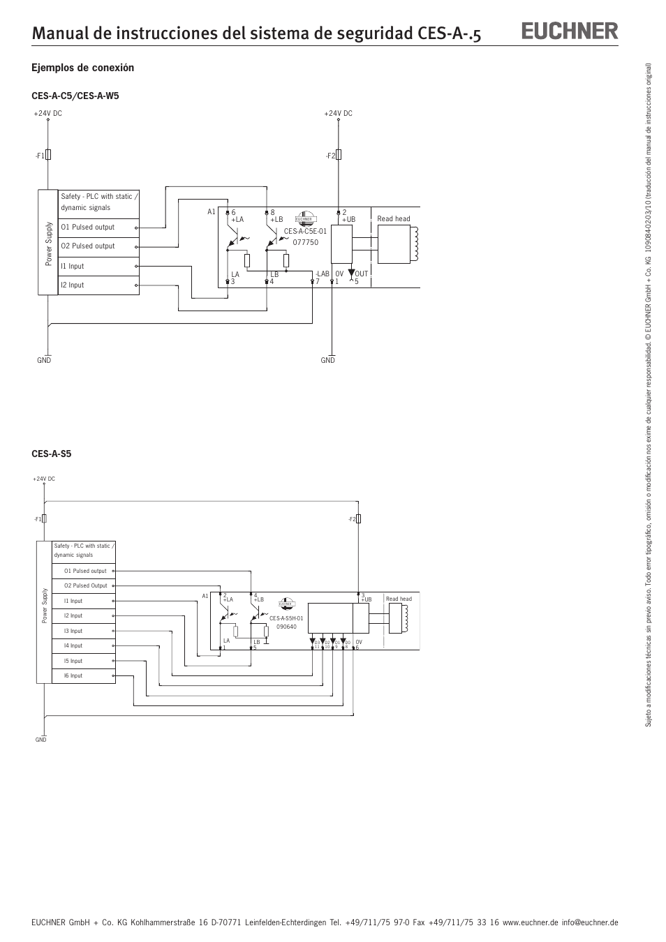 Ejemplos de conexión, Ces-a-c5/ces-a-w5 ces-a-s5 | EUCHNER CES-A-x5 User Manual | Page 10 / 10