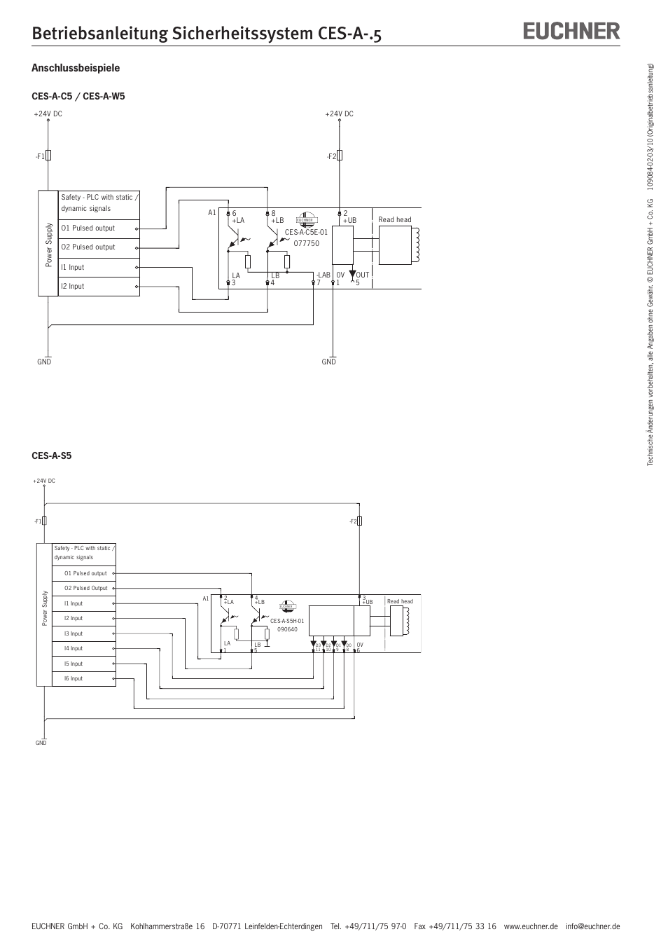 Betriebsanleitung sicherheitssystem ces-a, Anschlussbeispiele, Ces-a-c5 / ces-a-w5 ces-a-s5 | EUCHNER CES-A-x5 User Manual | Page 2 / 10