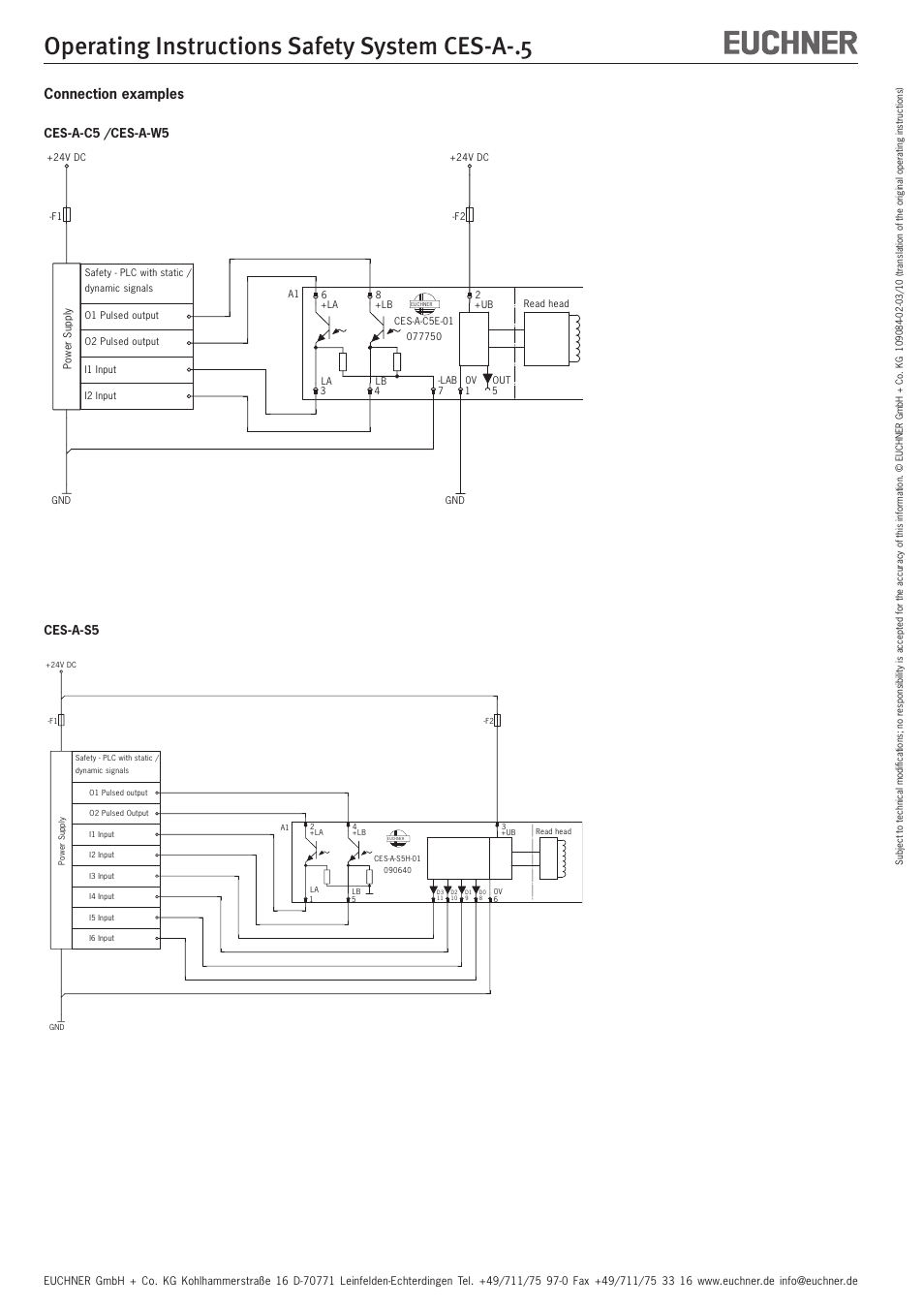 Operating instructions safety system ces-a, Connection examples, Ces-a-c5 /ces-a-w5 ces-a-s5 | EUCHNER CES-A-x5 User Manual | Page 4 / 10