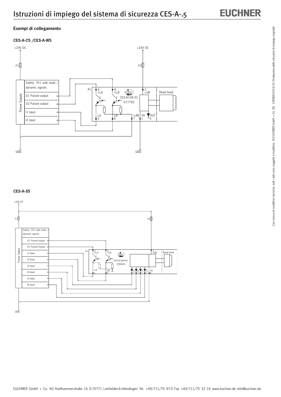 Esempi di collegamento, Ces-a-c5 /ces-a-w5 ces-a-s5 | EUCHNER CES-A-x5 User Manual | Page 8 / 10