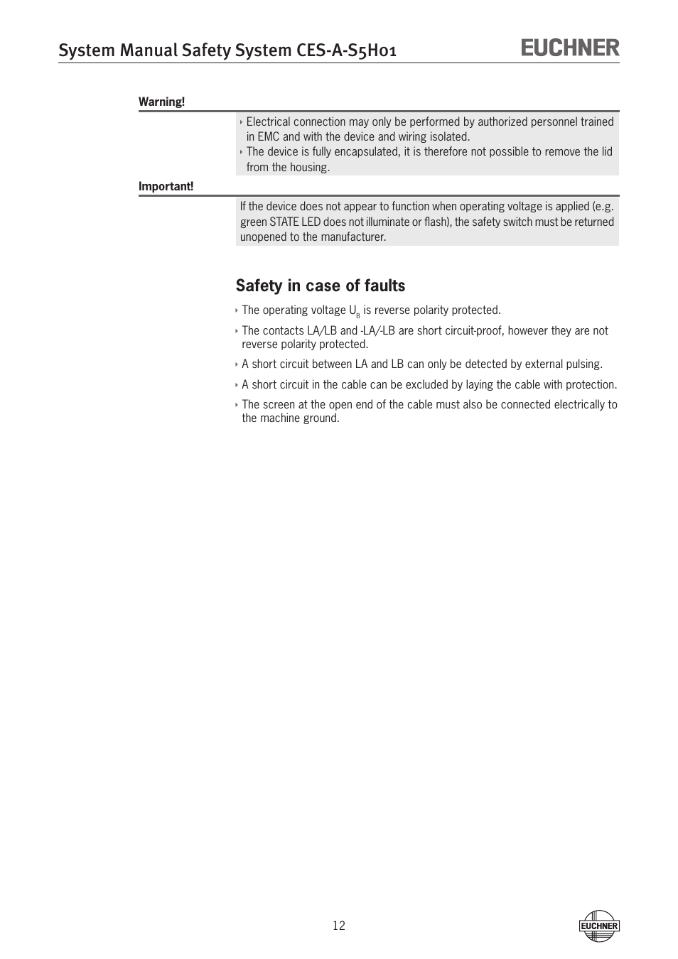 System manual safety system ces-a-s5h01, Safety in case of faults | EUCHNER CES-A-S5H-01 (Unicode) User Manual | Page 12 / 32