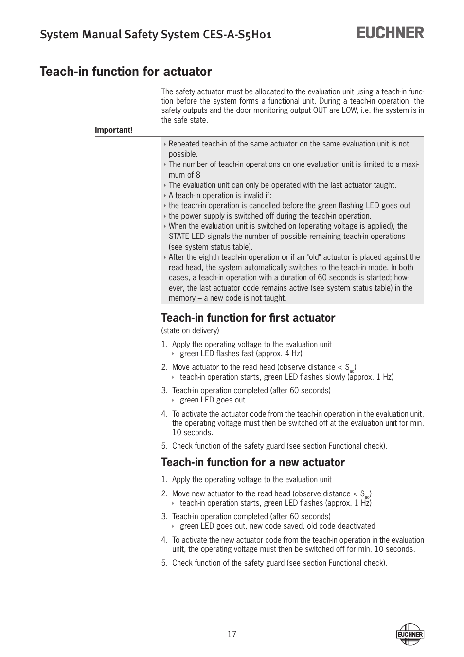 System manual safety system ces-a-s5h01, Teach-in function for actuator, Teach-in function for first actuator | Teach-in function for a new actuator | EUCHNER CES-A-S5H-01 (Unicode) User Manual | Page 17 / 32