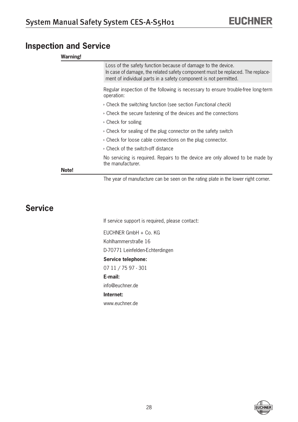 System manual safety system ces-a-s5h01, Inspection and service, Service | EUCHNER CES-A-S5H-01 (Unicode) User Manual | Page 28 / 32