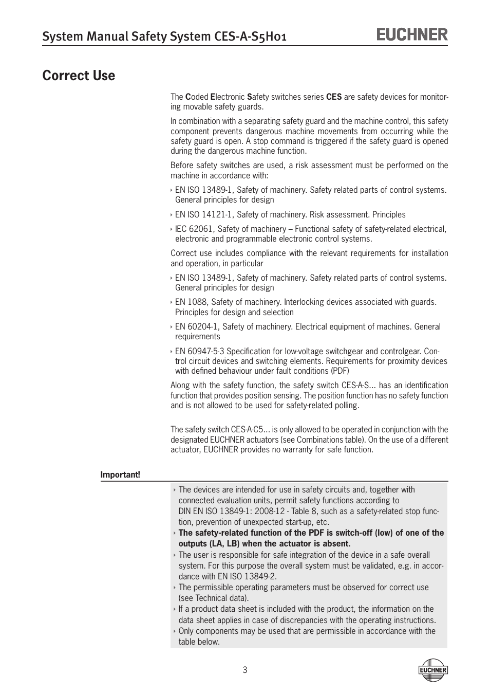 System manual safety system ces-a-s5h01, Correct use | EUCHNER CES-A-S5H-01 (Unicode) User Manual | Page 3 / 32