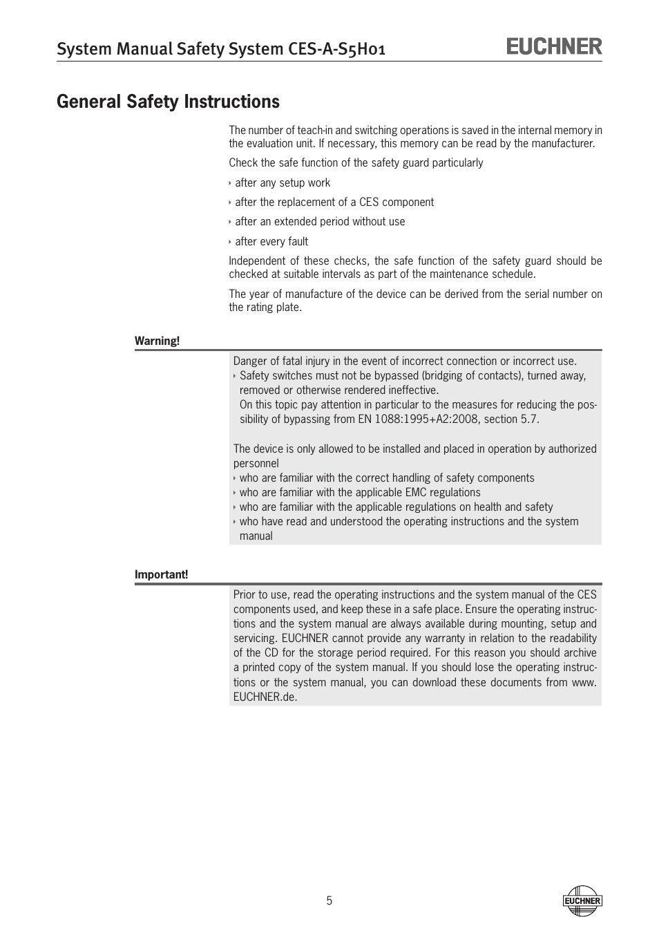 System manual safety system ces-a-s5h01, General safety instructions | EUCHNER CES-A-S5H-01 (Unicode) User Manual | Page 5 / 32
