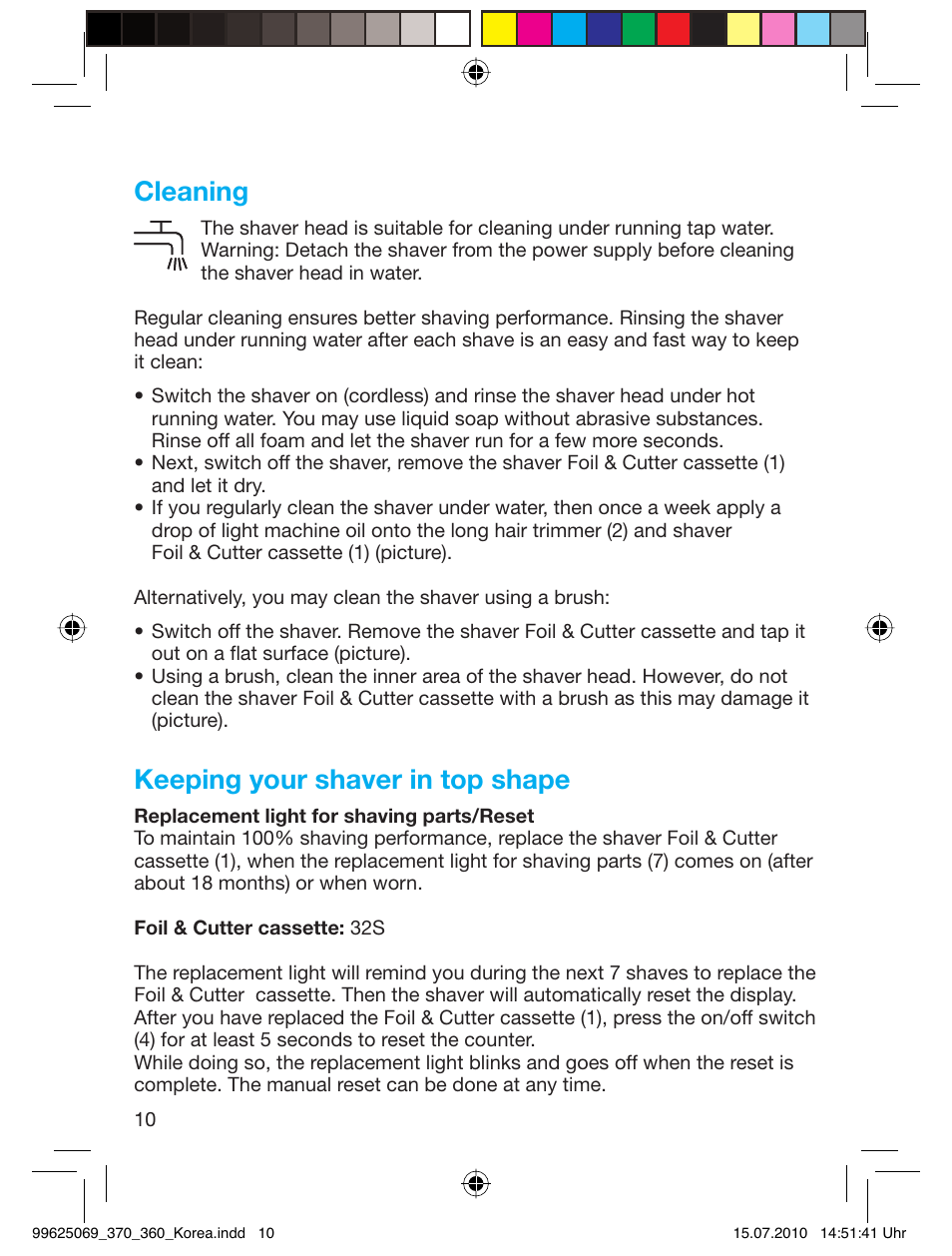 Cleaning, Keeping your shaver in top shape | Braun 360S-3 User Manual | Page 10 / 12