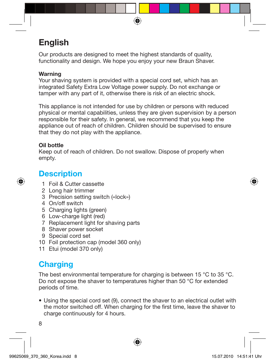 English, Description, Charging | Braun 360S-3 User Manual | Page 8 / 12