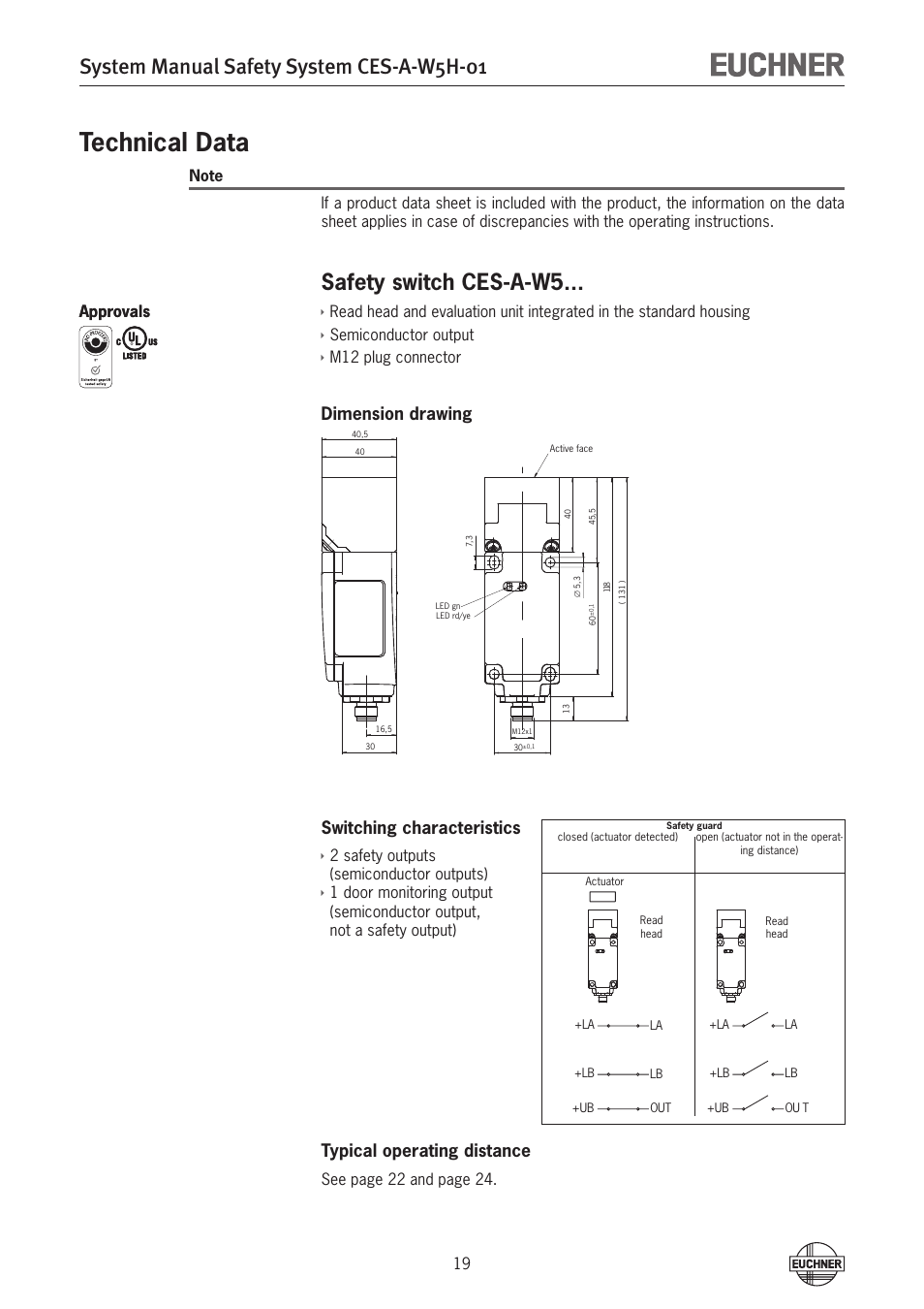 Technical data, System manual safety system ces-a-w5h-01, Safety switch ces-a-w5 | Dimension drawing switching characteristics, Typical operating distance, See page  and page 4, Approvals | EUCHNER CES-A-W5H-01 (Multicode) User Manual | Page 19 / 28