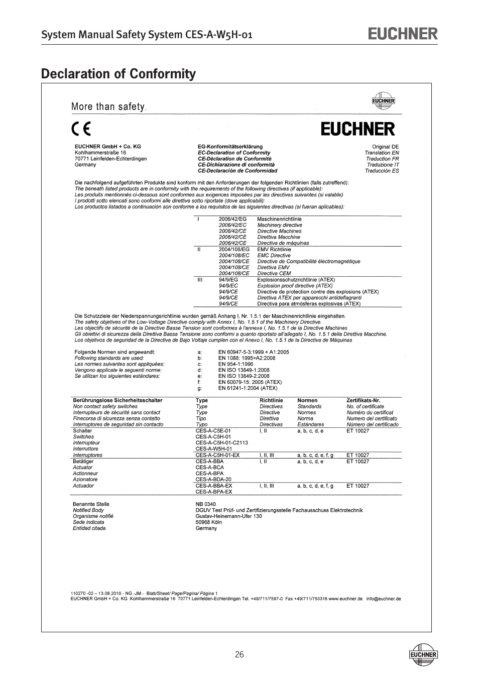 Declaration of conformity | EUCHNER CES-A-W5H-01 (Multicode) User Manual | Page 26 / 28