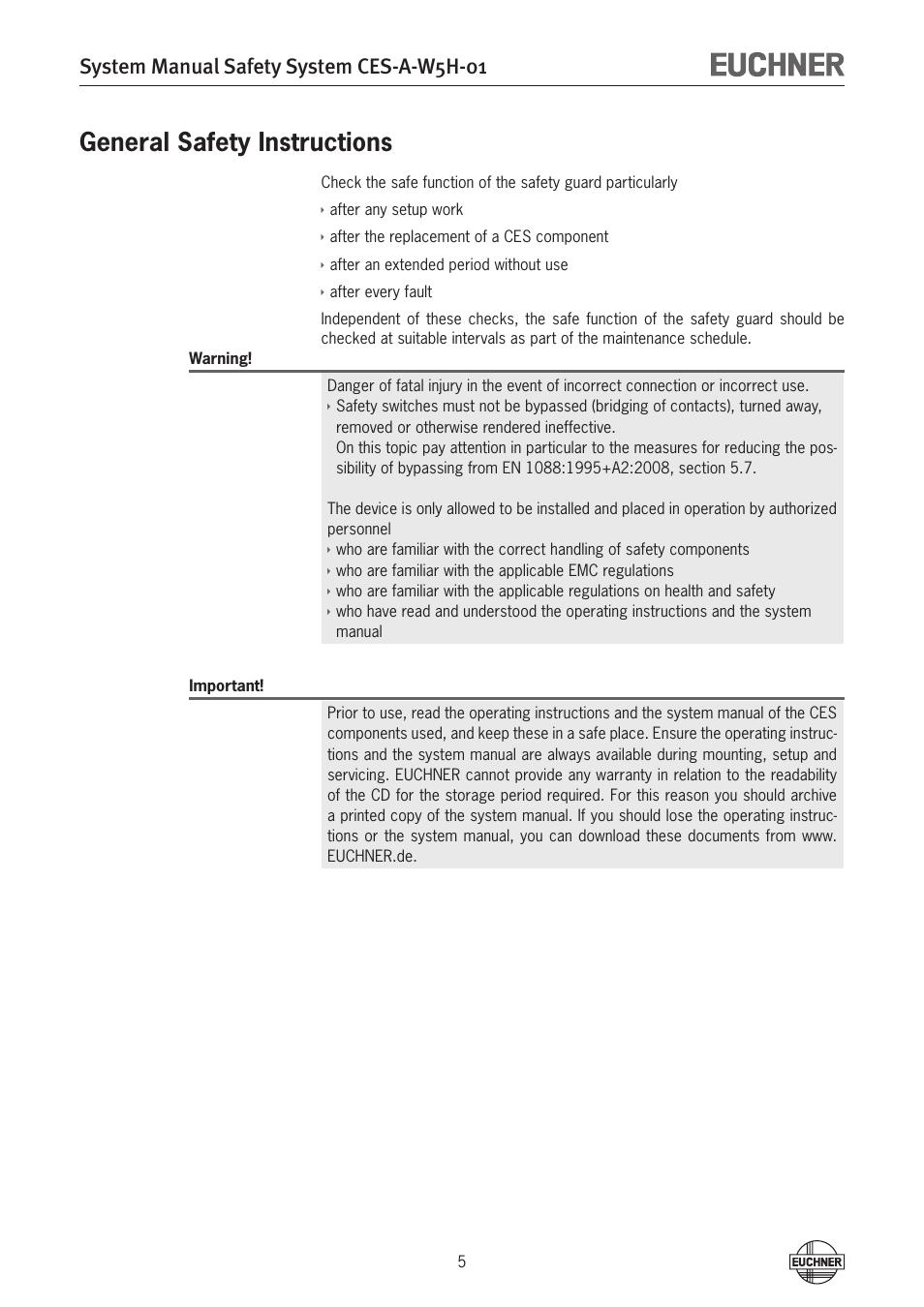 General safety instructions, System manual safety system ces-a-w5h-01 | EUCHNER CES-A-W5H-01 (Multicode) User Manual | Page 5 / 28