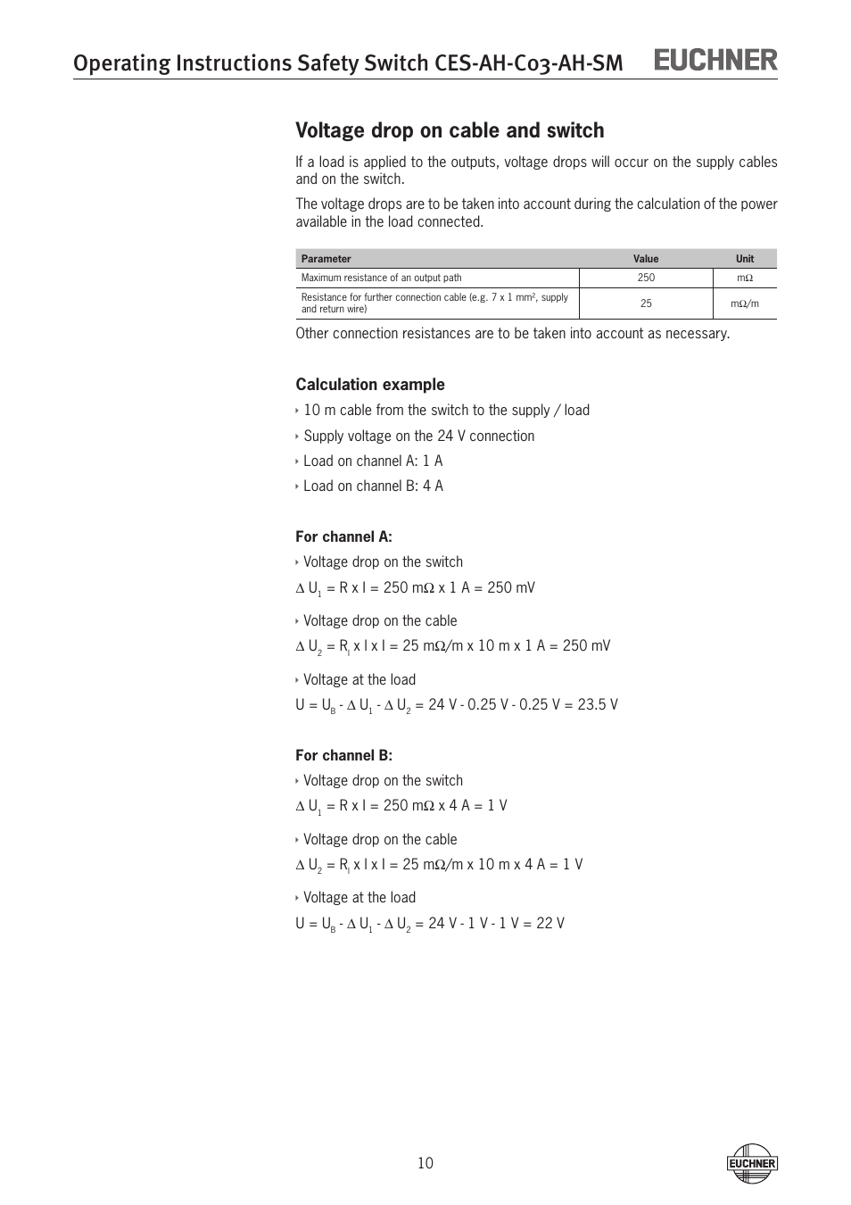 Voltage drop on cable and switch | EUCHNER CES-AH-C03-AH-SM (Unicode) User Manual | Page 10 / 28