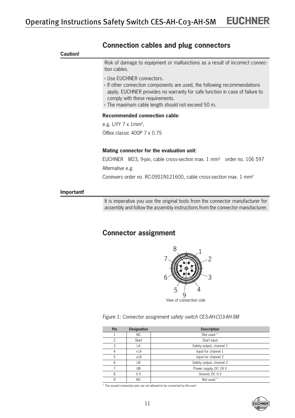 Connection cables and plug connectors, Connector assignment | EUCHNER CES-AH-C03-AH-SM (Unicode) User Manual | Page 11 / 28