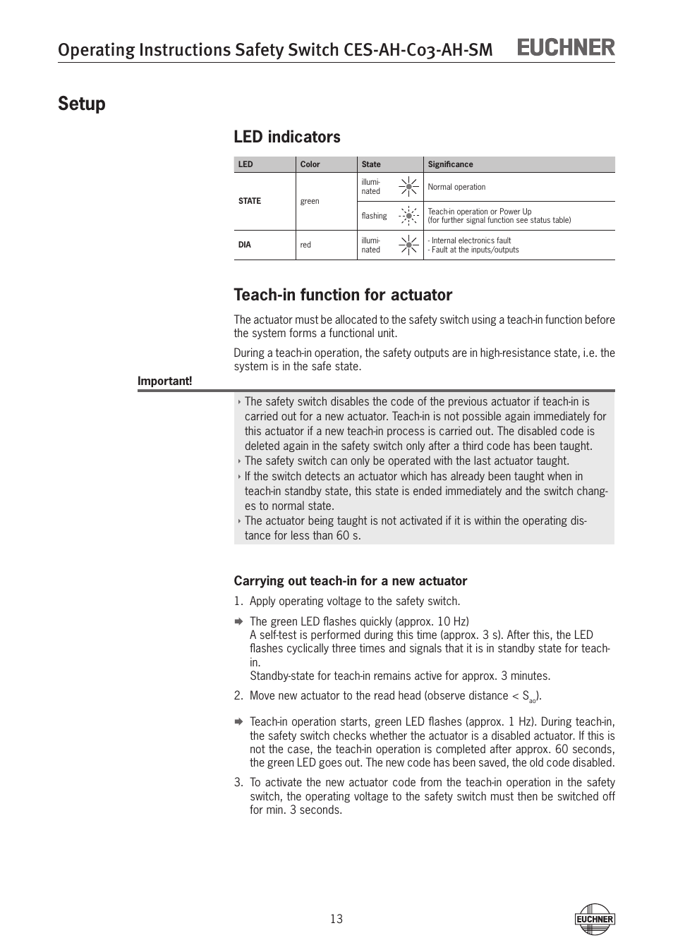 Setup, Led indicators, Teach-in function for actuator | Setup 13 led indicators | EUCHNER CES-AH-C03-AH-SM (Unicode) User Manual | Page 13 / 28