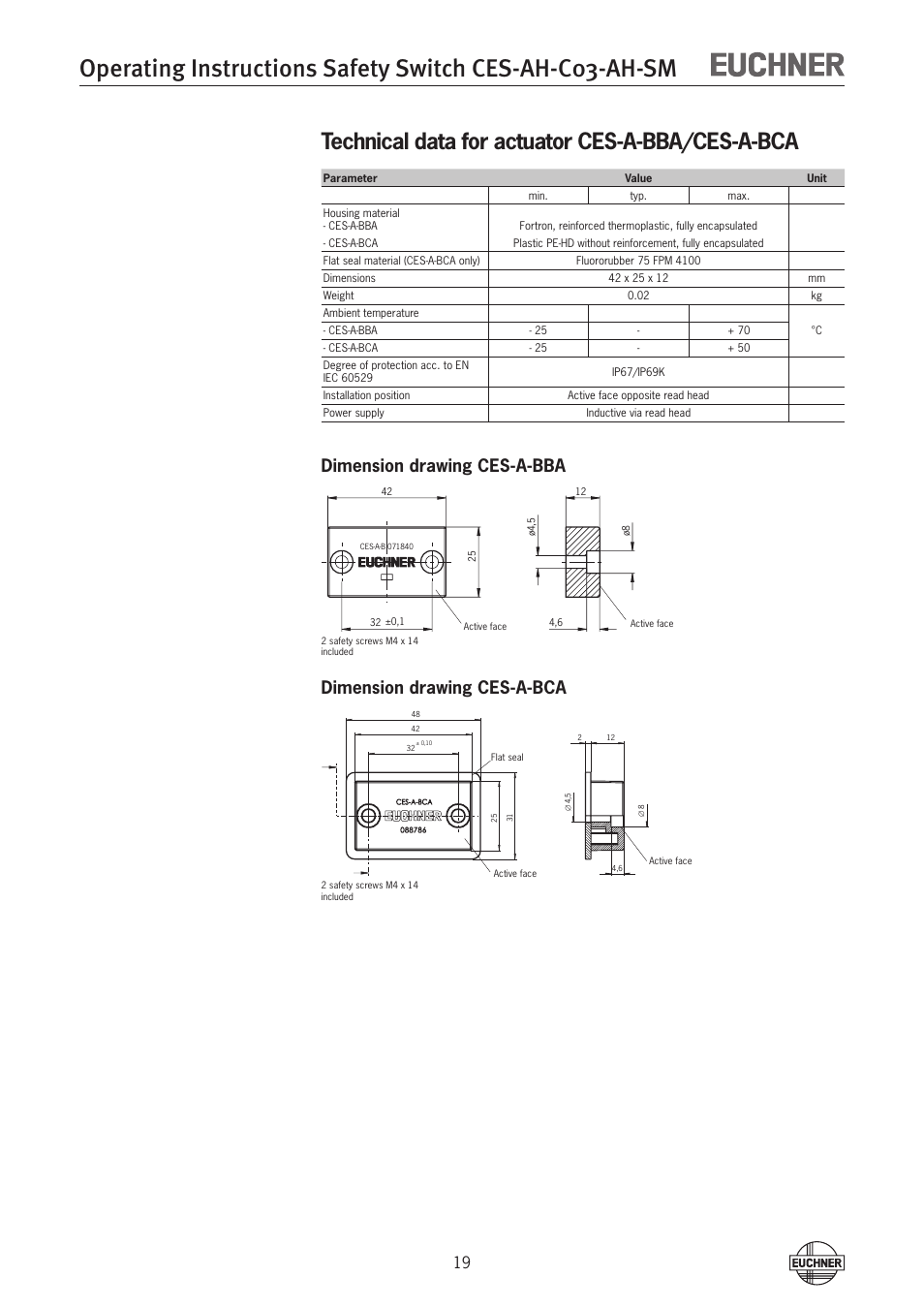 Technical data for actuator ces-a-bba/ces-a-bca | EUCHNER CES-AH-C03-AH-SM (Unicode) User Manual | Page 19 / 28