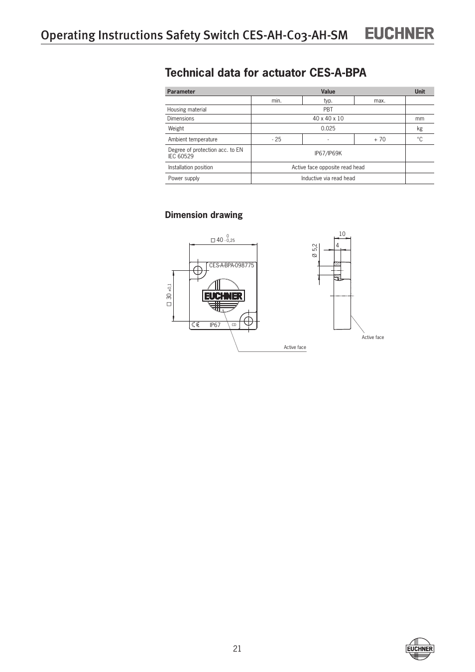 Technical data for actuator ces-a-bpa, Dimension drawing | EUCHNER CES-AH-C03-AH-SM (Unicode) User Manual | Page 21 / 28