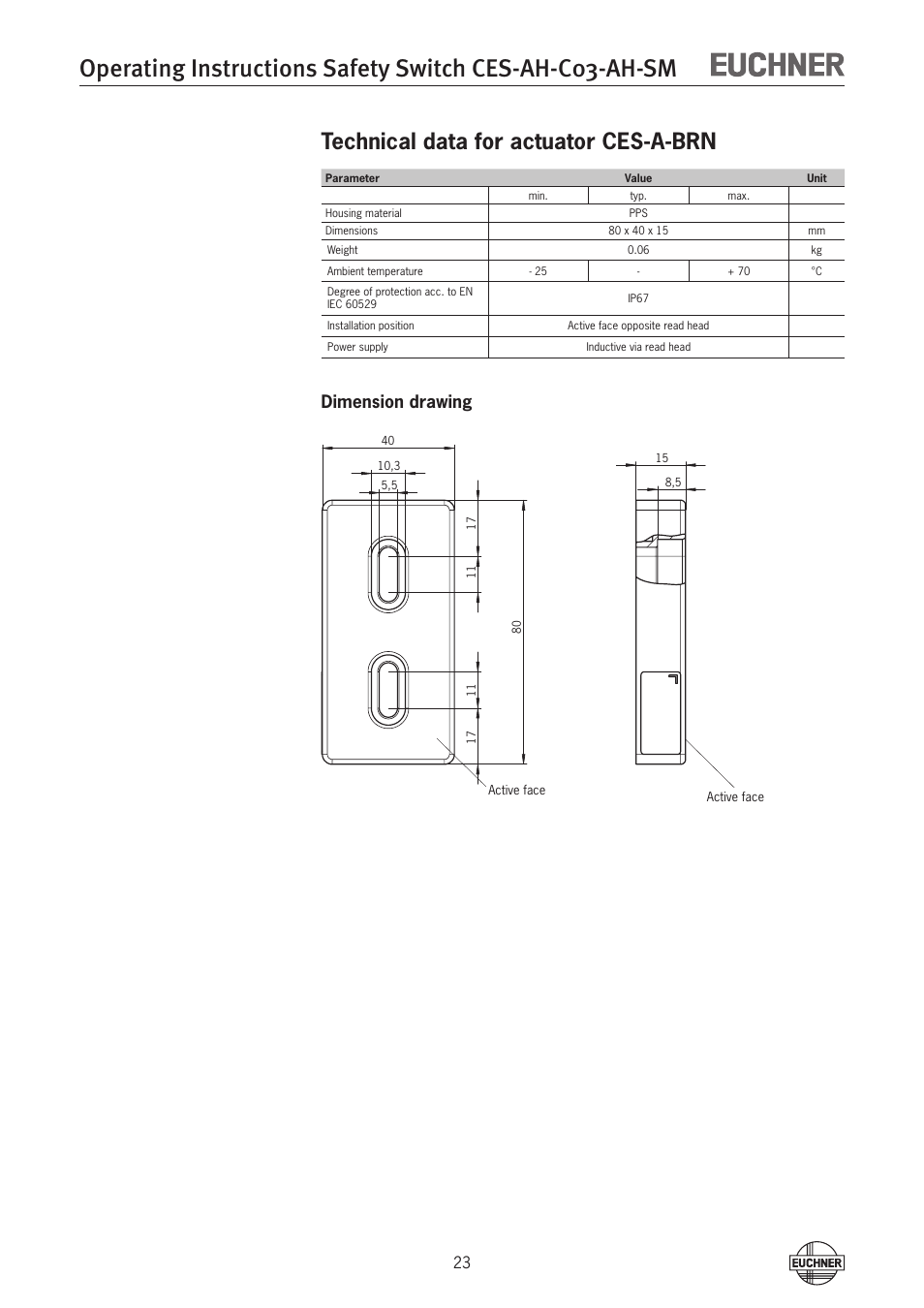 Technical data for actuator ces-a-brn, Dimension drawing | EUCHNER CES-AH-C03-AH-SM (Unicode) User Manual | Page 23 / 28
