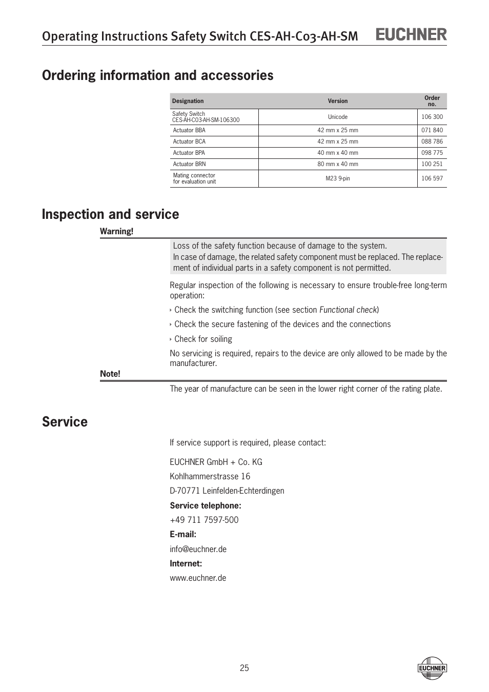 Ordering information and accessories, Inspection and service, Service | Service 25 | EUCHNER CES-AH-C03-AH-SM (Unicode) User Manual | Page 25 / 28