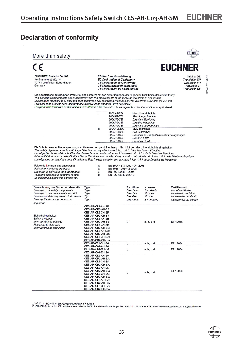 Declaration of conformity | EUCHNER CES-AH-C03-AH-SM (Unicode) User Manual | Page 26 / 28