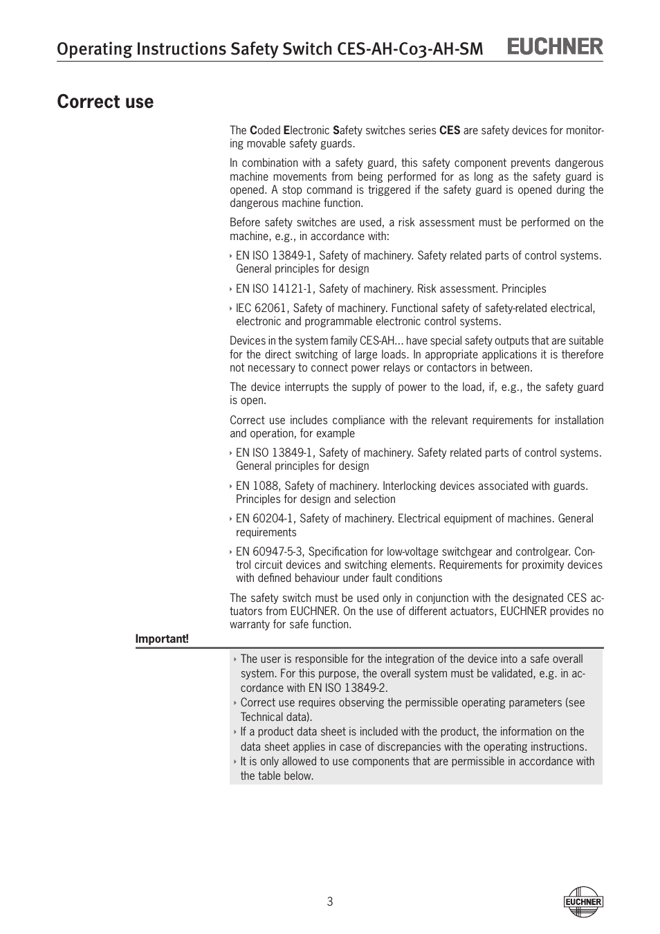 Correct use | EUCHNER CES-AH-C03-AH-SM (Unicode) User Manual | Page 3 / 28
