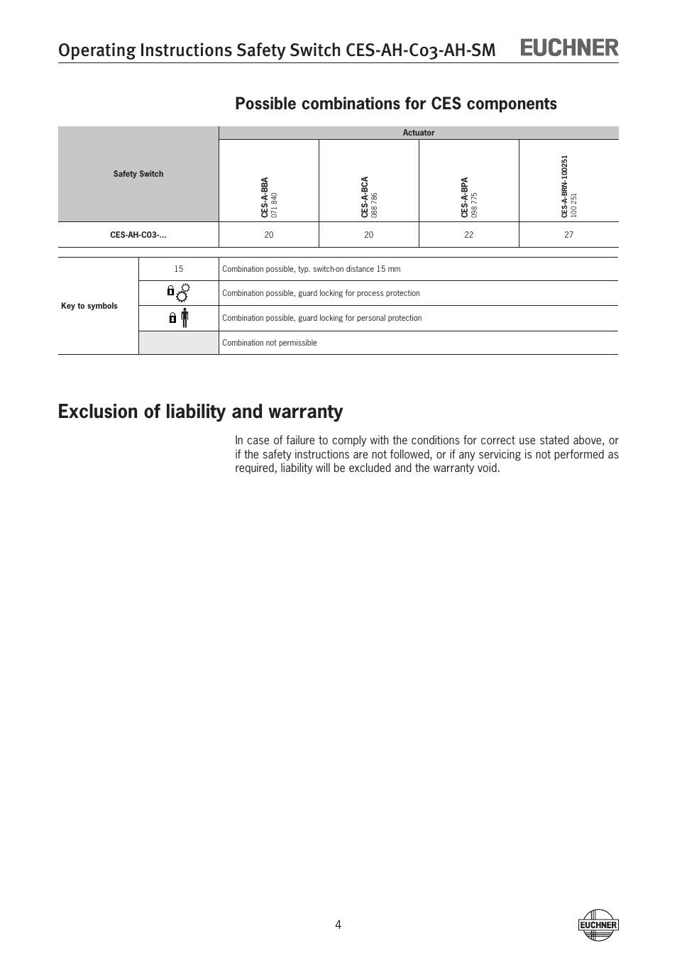 Possible combinations for ces components, Exclusion of liability and warranty | EUCHNER CES-AH-C03-AH-SM (Unicode) User Manual | Page 4 / 28
