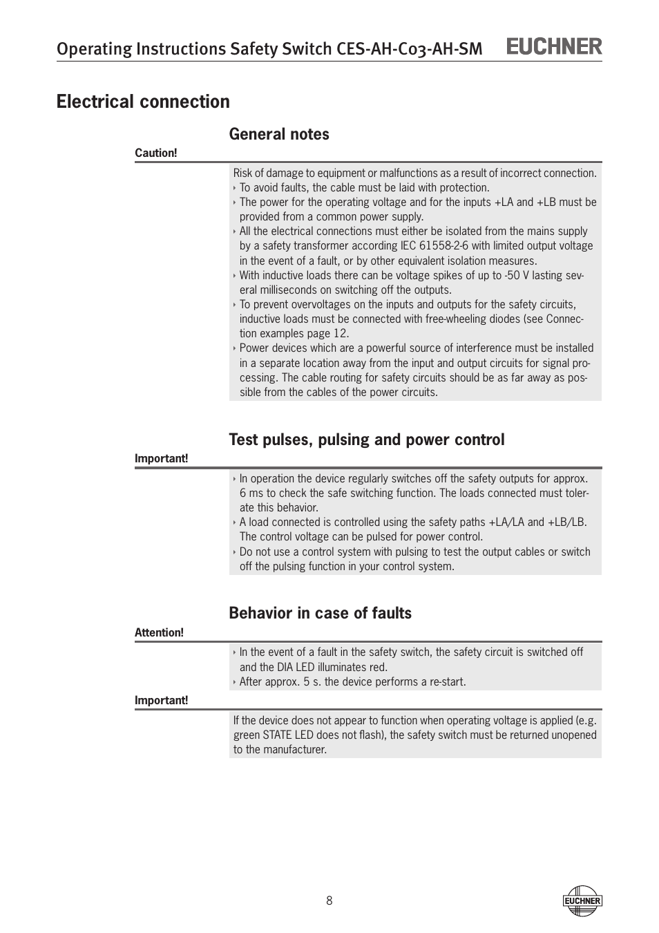 Electrical connection, General notes, Test pulses, pulsing and power control | Behavior in case of faults | EUCHNER CES-AH-C03-AH-SM (Unicode) User Manual | Page 8 / 28