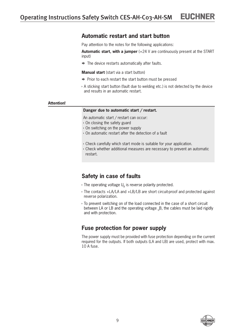 Automatic restart and start button, Safety in case of faults, Fuse protection for power supply | EUCHNER CES-AH-C03-AH-SM (Unicode) User Manual | Page 9 / 28