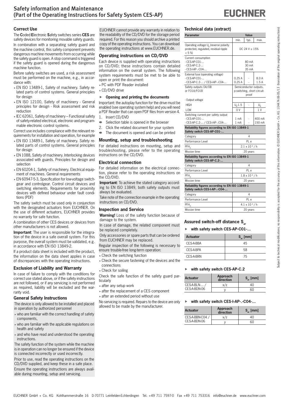 Correct use, Exclusion of liability and warranty, General safety instructions | Operating instructions on cd/dvd, Mounting, setup and troubleshooting, Electrical connection, Inspection and service, Technical data (extract), Assured switch‑off distance s | EUCHNER CES-AP User Manual | Page 2 / 6