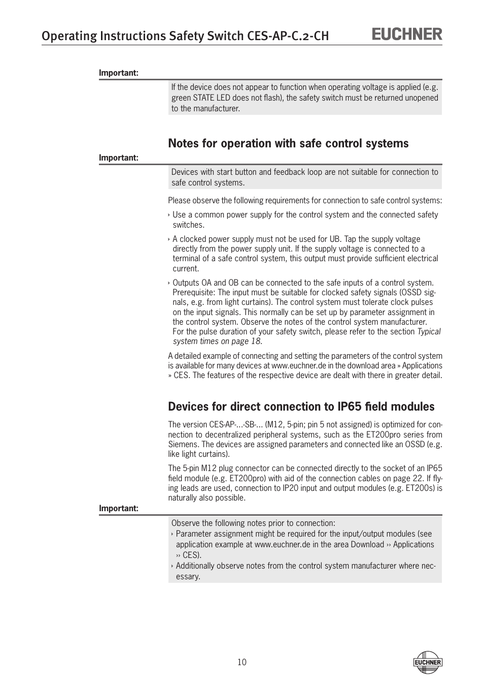 Operating instructions safety switch ces-ap-c.2-ch | EUCHNER CES-AP-CL2-CH (Multicode) User Manual | Page 10 / 26