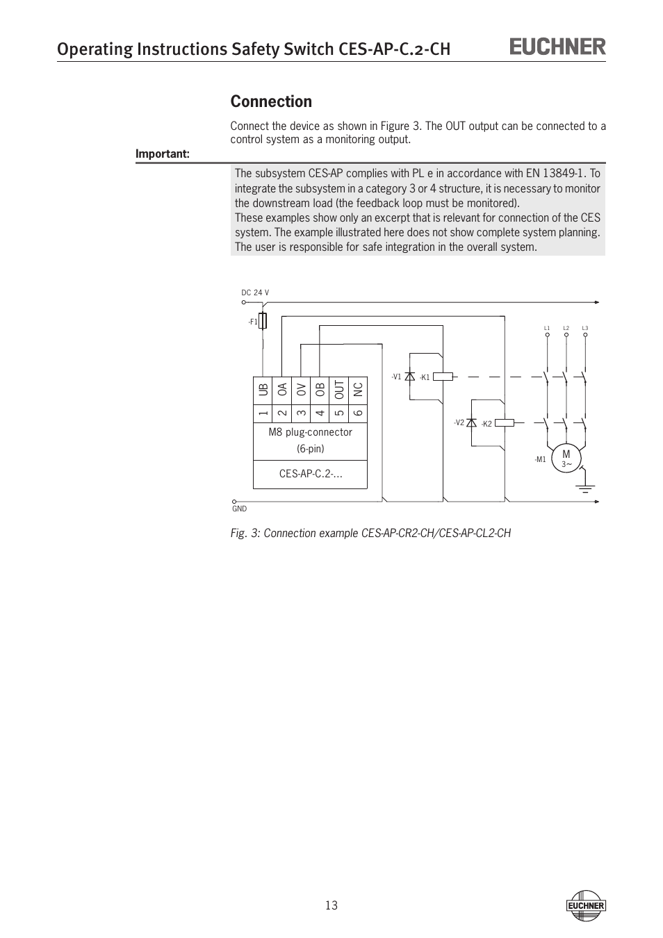 Operating instructions safety switch ces-ap-c.2-ch, Connection | EUCHNER CES-AP-CL2-CH (Multicode) User Manual | Page 13 / 26