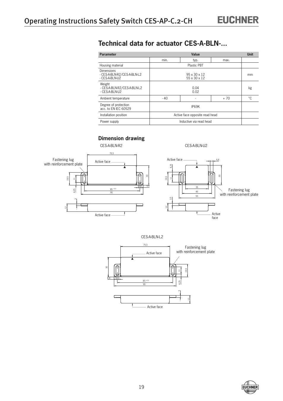 Operating instructions safety switch ces-ap-c.2-ch, Technical data for actuator ces-a-bln, Dimension drawing | EUCHNER CES-AP-CL2-CH (Multicode) User Manual | Page 19 / 26