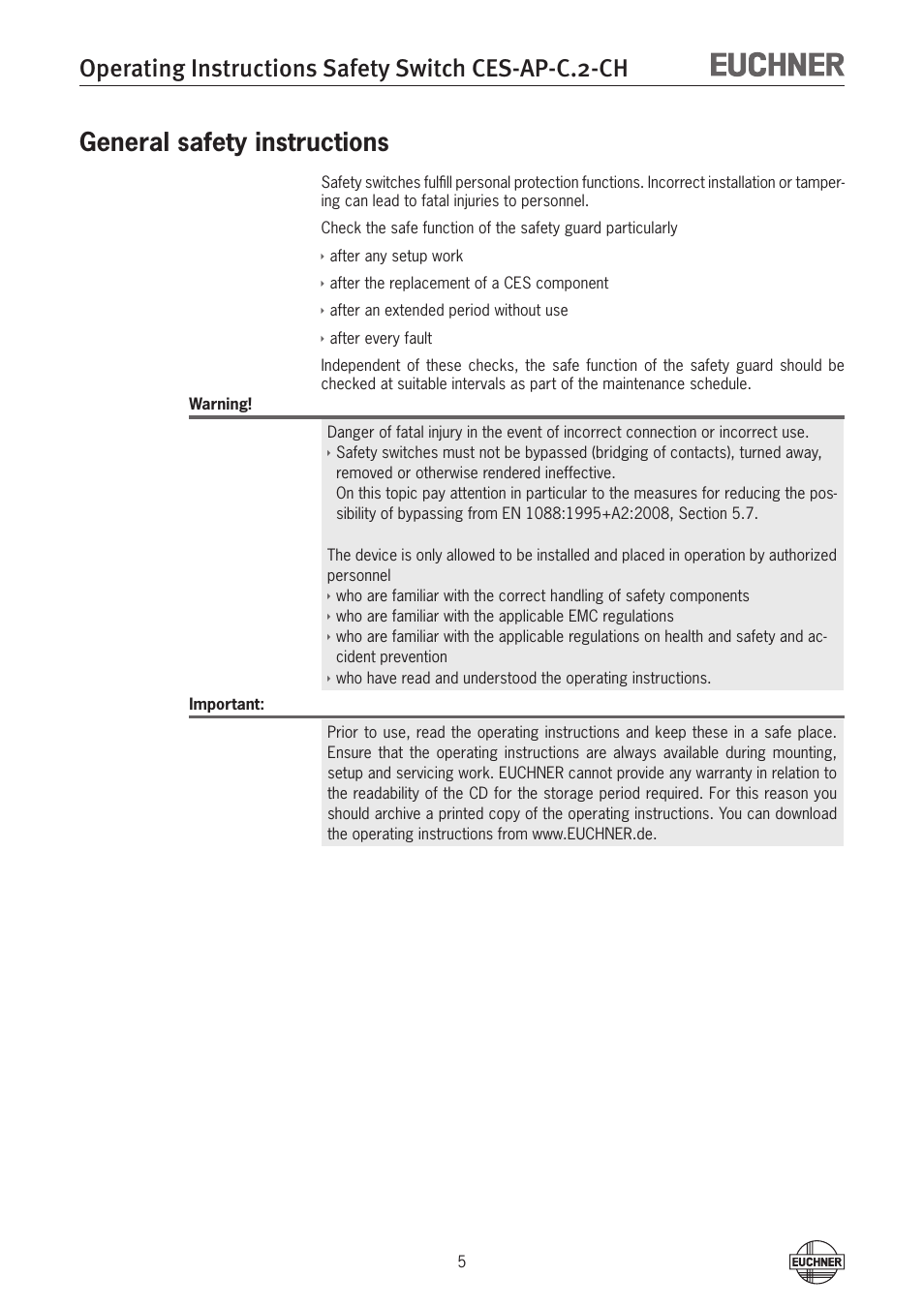 Operating instructions safety switch ces-ap-c.2-ch, General safety instructions | EUCHNER CES-AP-CL2-CH (Multicode) User Manual | Page 5 / 26