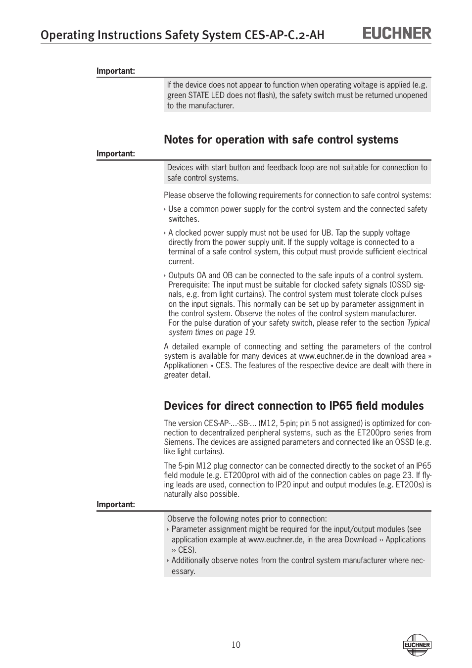 Operating instructions safety system ces-ap-c.2-ah | EUCHNER CES-AP-CL2-AH (Unicode) User Manual | Page 10 / 28
