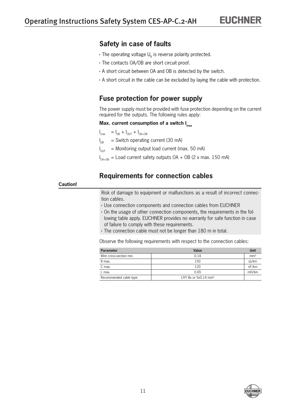 Operating instructions safety system ces-ap-c.2-ah, Safety in case of faults, Fuse protection for power supply | Requirements for connection cables | EUCHNER CES-AP-CL2-AH (Unicode) User Manual | Page 11 / 28