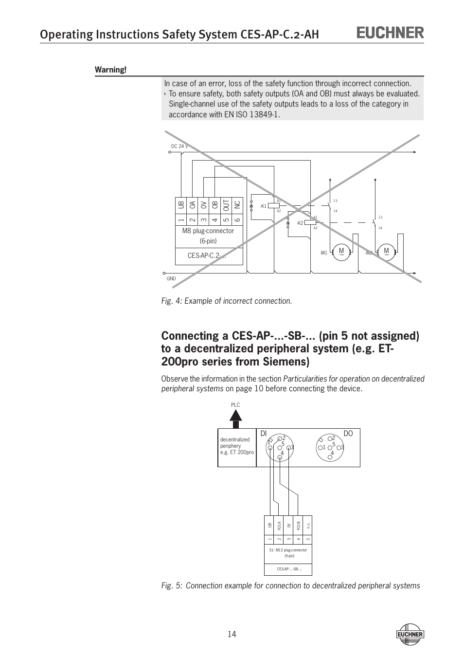 Operating instructions safety system ces-ap-c.2-ah, Fig. 4: example of incorrect connection | EUCHNER CES-AP-CL2-AH (Unicode) User Manual | Page 14 / 28