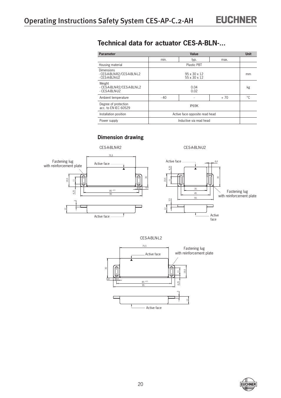 Operating instructions safety system ces-ap-c.2-ah, Technical data for actuator ces-a-bln, Dimension drawing | EUCHNER CES-AP-CL2-AH (Unicode) User Manual | Page 20 / 28
