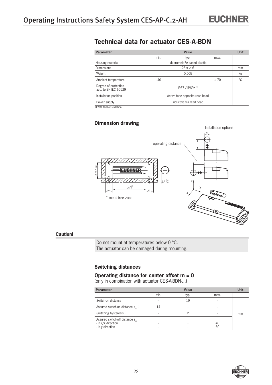 Operating instructions safety system ces-ap-c.2-ah, Technical data for actuator ces-a-bdn, Dimension drawing | Only in combination with actuator ces-a-bdn-...) | EUCHNER CES-AP-CL2-AH (Unicode) User Manual | Page 22 / 28