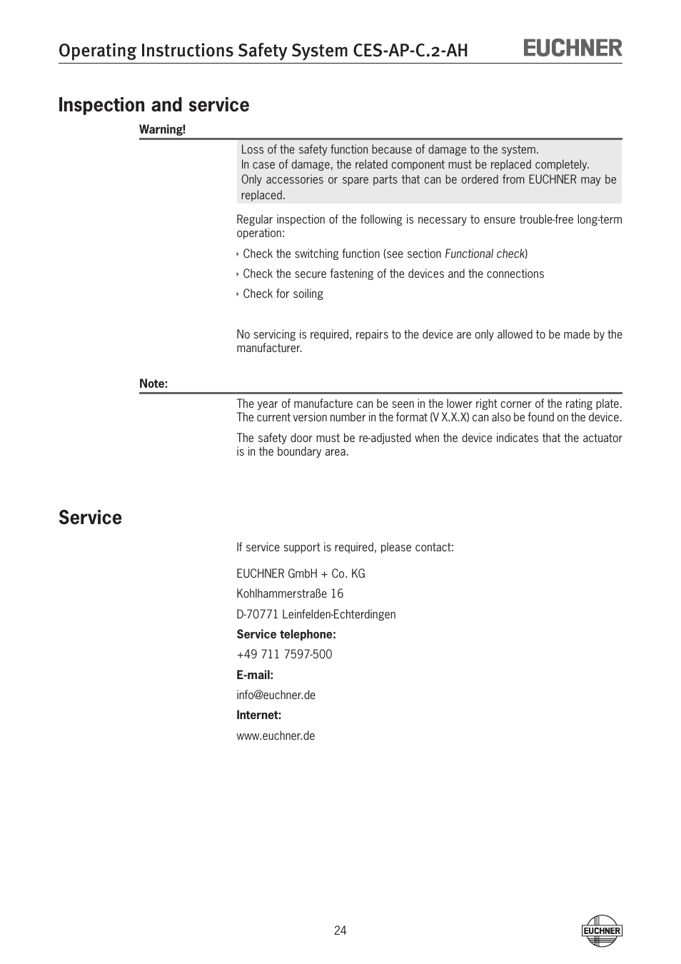 Operating instructions safety system ces-ap-c.2-ah, Inspection and service, Service | EUCHNER CES-AP-CL2-AH (Unicode) User Manual | Page 24 / 28