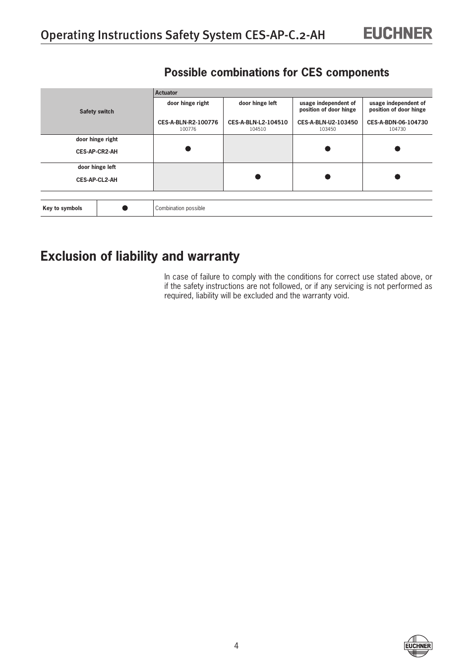 Operating instructions safety system ces-ap-c.2-ah, Exclusion of liability and warranty, Possible combinations for ces components | EUCHNER CES-AP-CL2-AH (Unicode) User Manual | Page 4 / 28