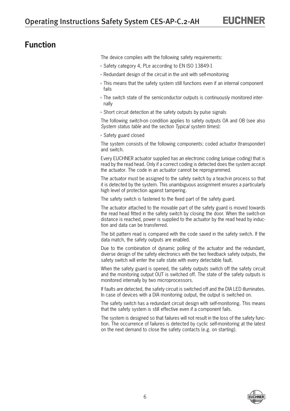 Operating instructions safety system ces-ap-c.2-ah, Function | EUCHNER CES-AP-CL2-AH (Unicode) User Manual | Page 6 / 28