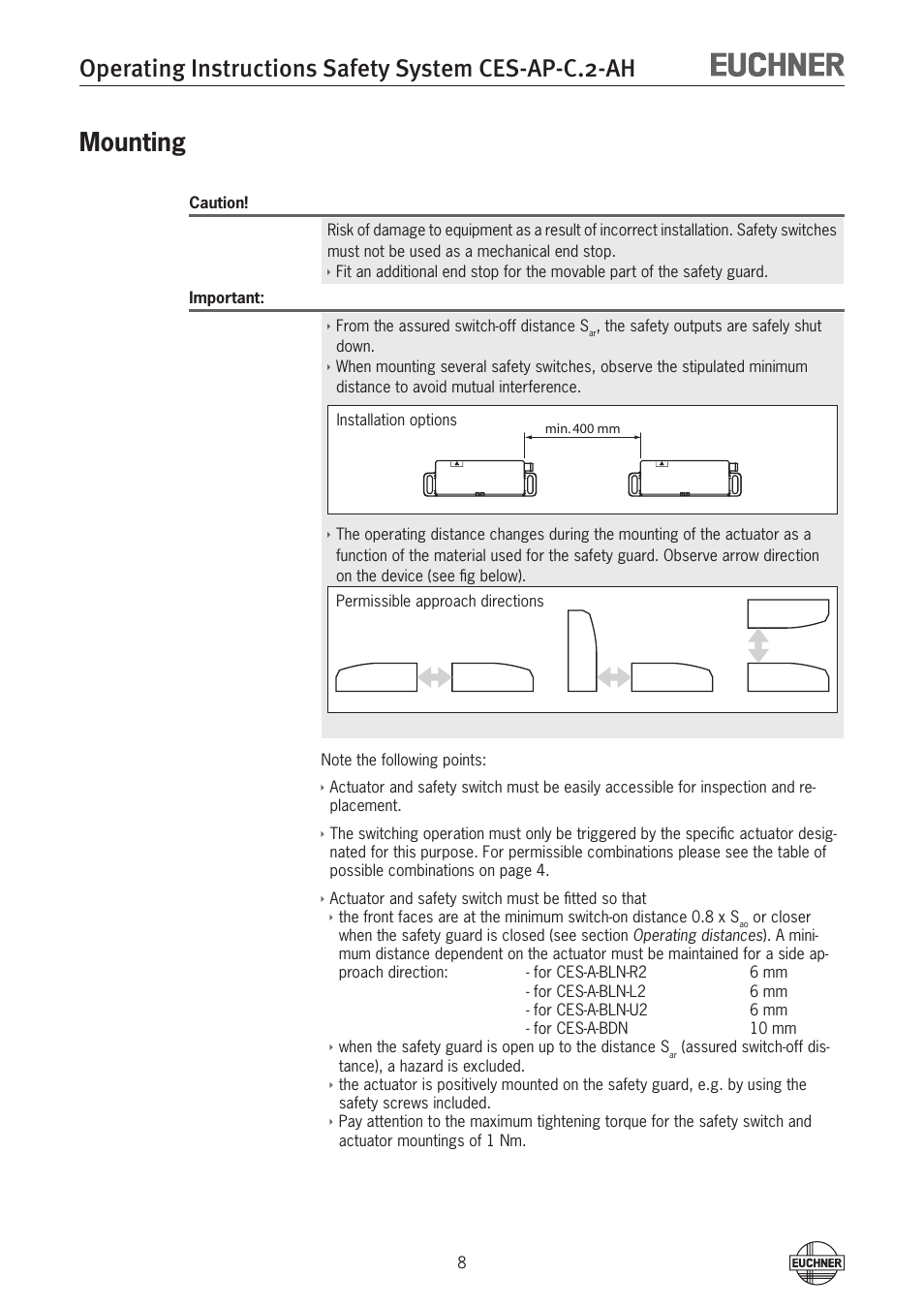 Operating instructions safety system ces-ap-c.2-ah, Mounting | EUCHNER CES-AP-CL2-AH (Unicode) User Manual | Page 8 / 28