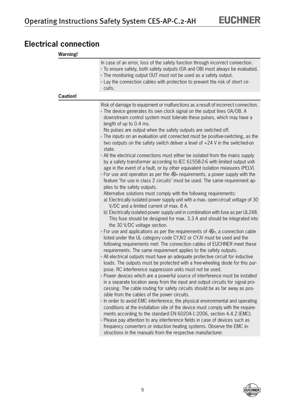 Operating instructions safety system ces-ap-c.2-ah, Electrical connection | EUCHNER CES-AP-CL2-AH (Unicode) User Manual | Page 9 / 28