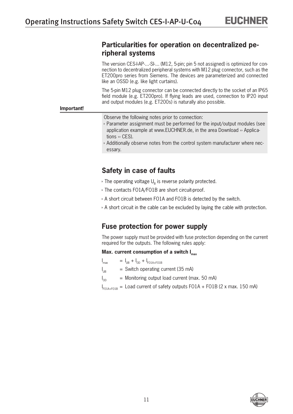 Safety in case of faults, Fuse protection for power supply | EUCHNER CES-I-AP-U-C04 (Unicode) User Manual | Page 11 / 28