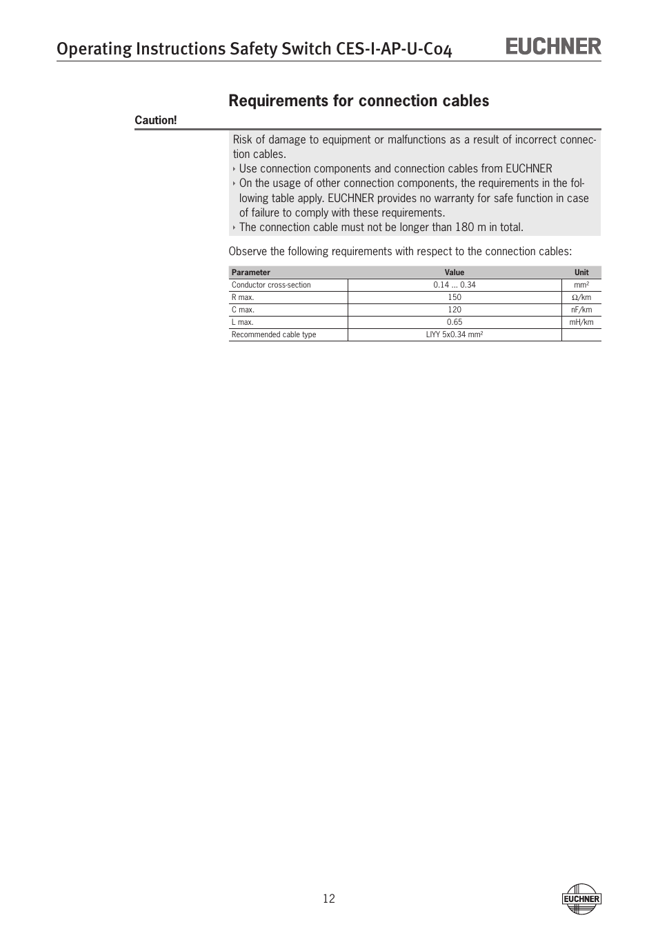 Requirements for connection cables | EUCHNER CES-I-AP-U-C04 (Unicode) User Manual | Page 12 / 28
