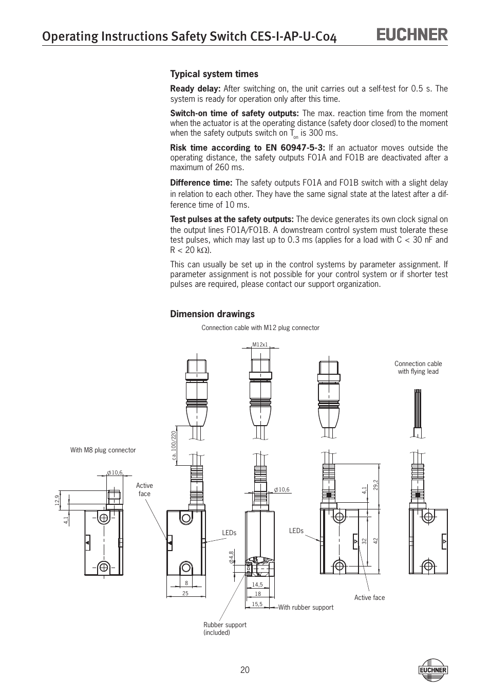 Typical system times, Dimension drawings | EUCHNER CES-I-AP-U-C04 (Unicode) User Manual | Page 20 / 28