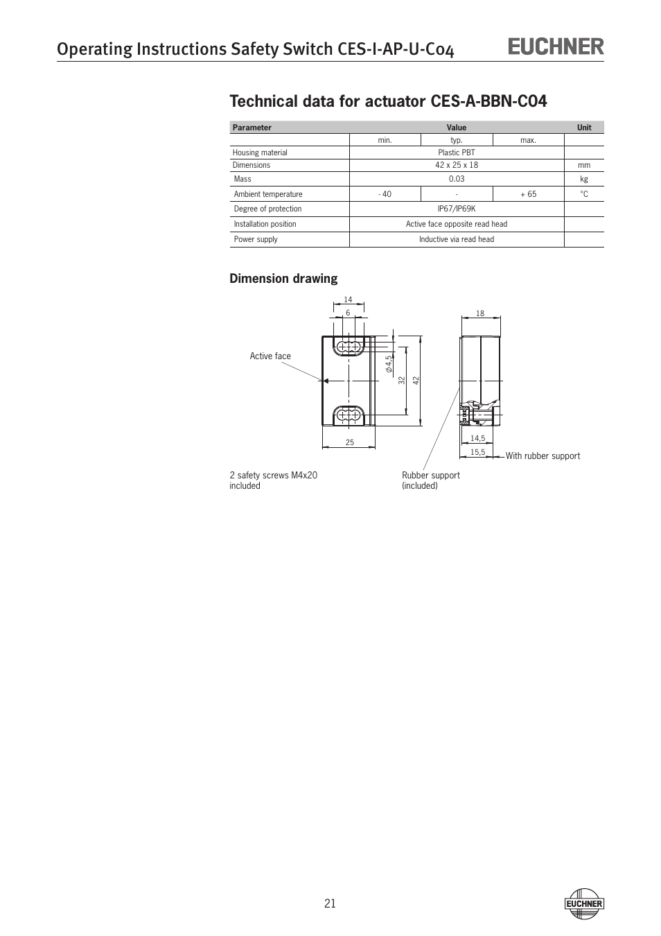 Technical data for actuator ces-a-bbn-c04, Dimension drawing | EUCHNER CES-I-AP-U-C04 (Unicode) User Manual | Page 21 / 28